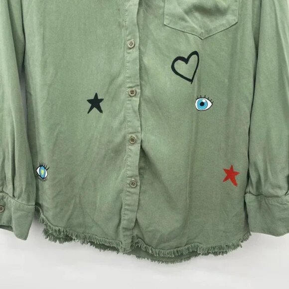 Lauren Moshi Green Button Up Top Womens XSmall Eye Heart Army Fringe Stud - Picture 3 of 10